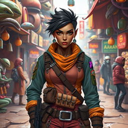 A female Balosar smuggler with brown skin, dressed in vibrant and rugged attire suitable for a space adventure