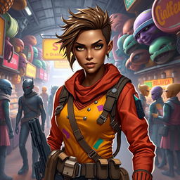 A female Balosar smuggler with brown skin, dressed in vibrant and rugged attire suitable for a space adventure