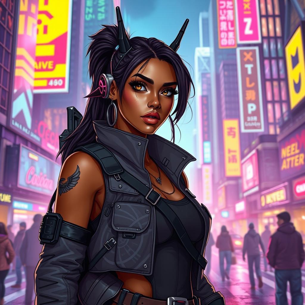 A female smuggler in a cyberpunk setting, featuring Balosar antennae