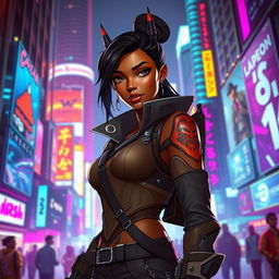 A female smuggler in a cyberpunk setting, featuring Balosar antennae