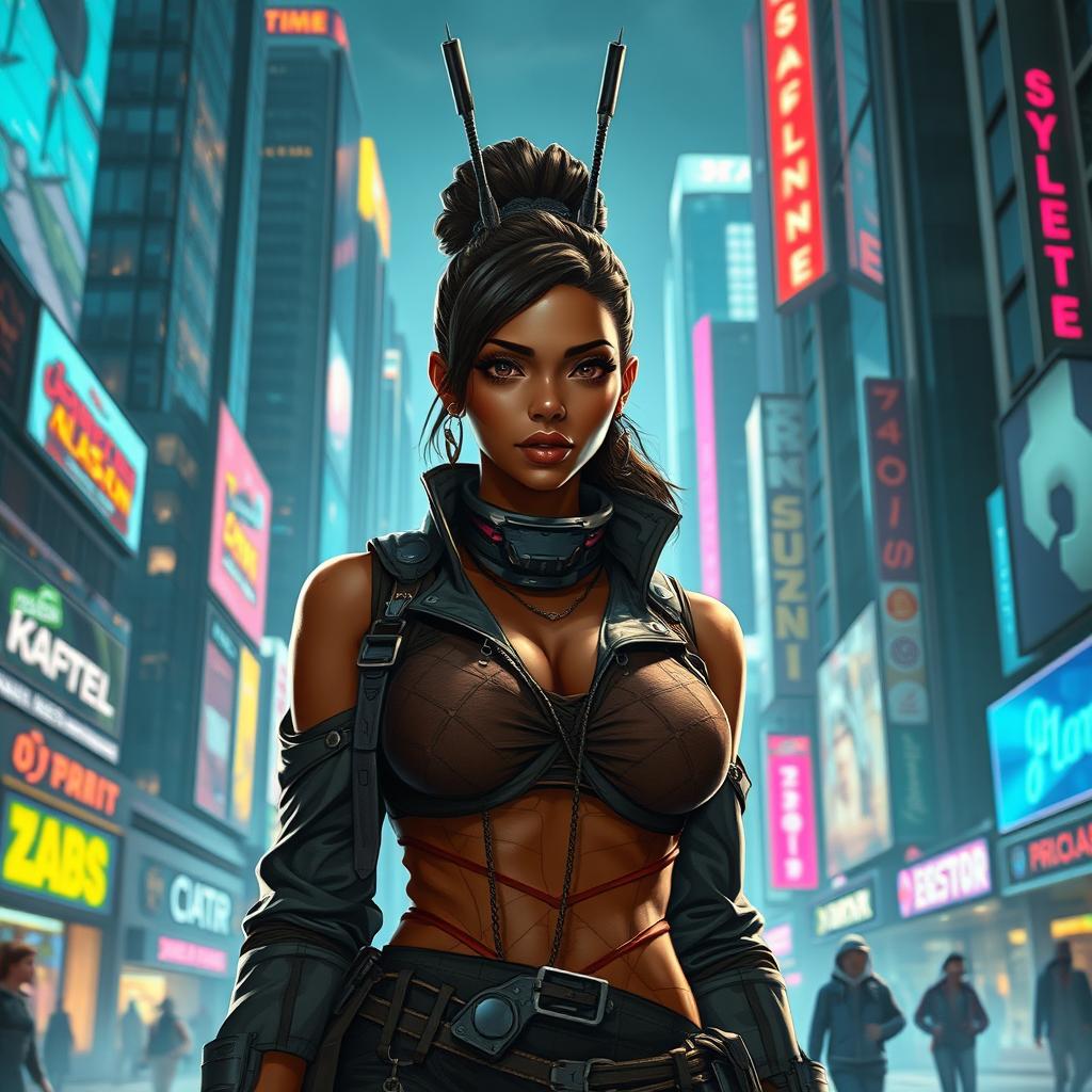 A female smuggler in a cyberpunk setting, featuring Balosar antennae