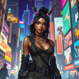 A female smuggler in a cyberpunk setting, featuring Balosar antennae