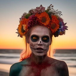 A zombie adorned with a vibrant floral headpiece, standing on a beach with the golden hue of sunrise lighting the background.