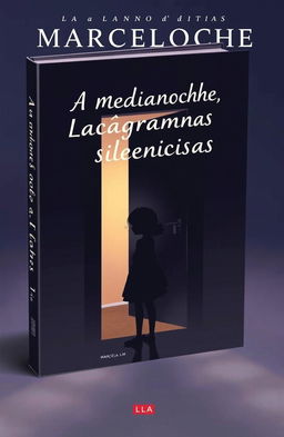 The book cover for 'A Medianoche, Lágrimas Silenciosas' by Marcela LM featuring a silhouette of a girl with a yearning expression standing in front of a slightly ajar door, symbolizing the moment she encounters her neighbor