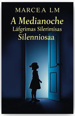 The book cover for 'A Medianoche, Lágrimas Silenciosas' by Marcela LM featuring a silhouette of a girl with a yearning expression standing in front of a slightly ajar door, symbolizing the moment she encounters her neighbor