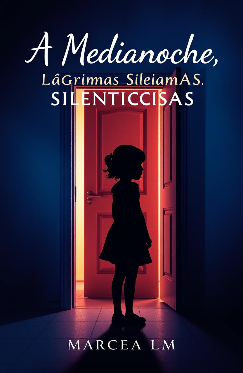 The book cover for 'A Medianoche, Lágrimas Silenciosas' by Marcela LM featuring a silhouette of a girl with a yearning expression standing in front of a slightly ajar door, symbolizing the moment she encounters her neighbor