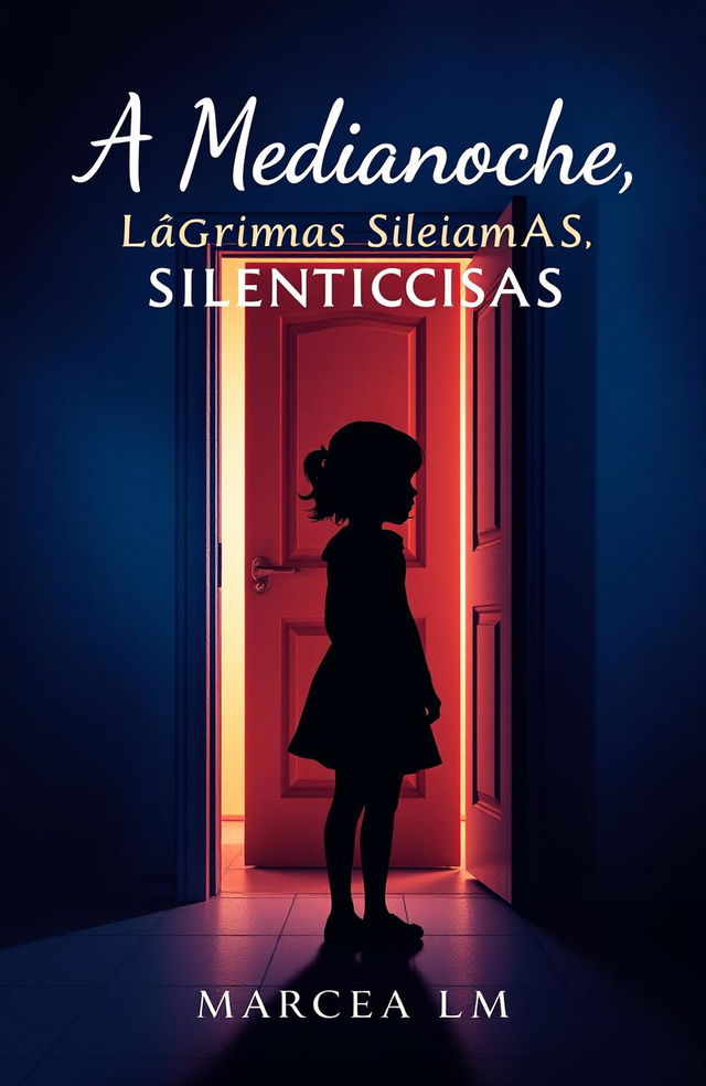 The book cover for 'A Medianoche, Lágrimas Silenciosas' by Marcela LM featuring a silhouette of a girl with a yearning expression standing in front of a slightly ajar door, symbolizing the moment she encounters her neighbor