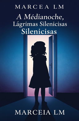 The book cover for 'A Medianoche, Lágrimas Silenciosas' by Marcela LM featuring a silhouette of a girl with a yearning expression standing in front of a slightly ajar door, symbolizing the moment she encounters her neighbor