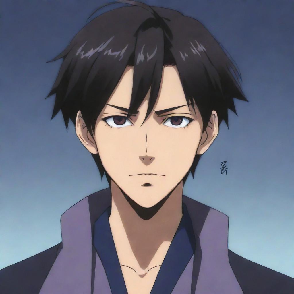 Anime style character exuding a suspicious aura with narrowed eyes and a mysterious smirk. The character's attire and background should evoke a sense of intrigue.