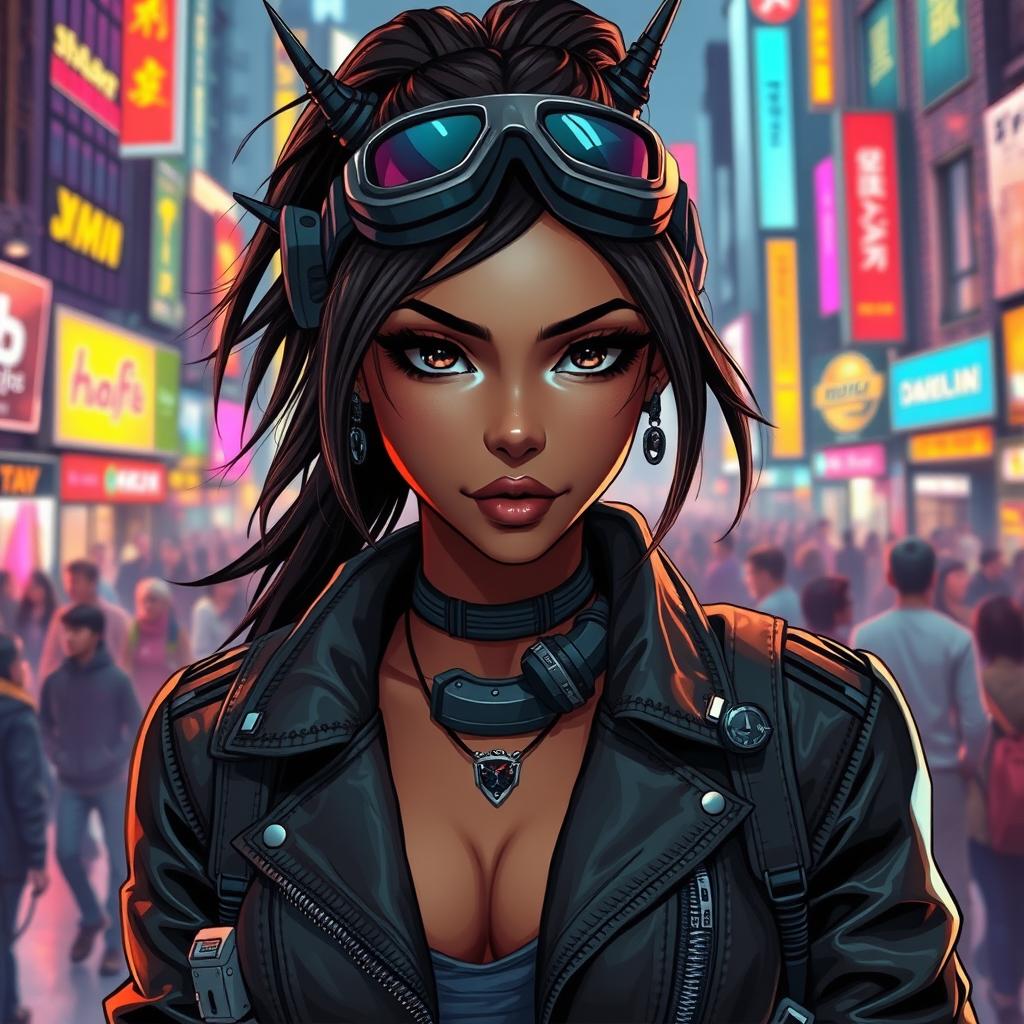 A female character in a cyberpunk setting, showcasing Balosar antennae and beautiful brown skin