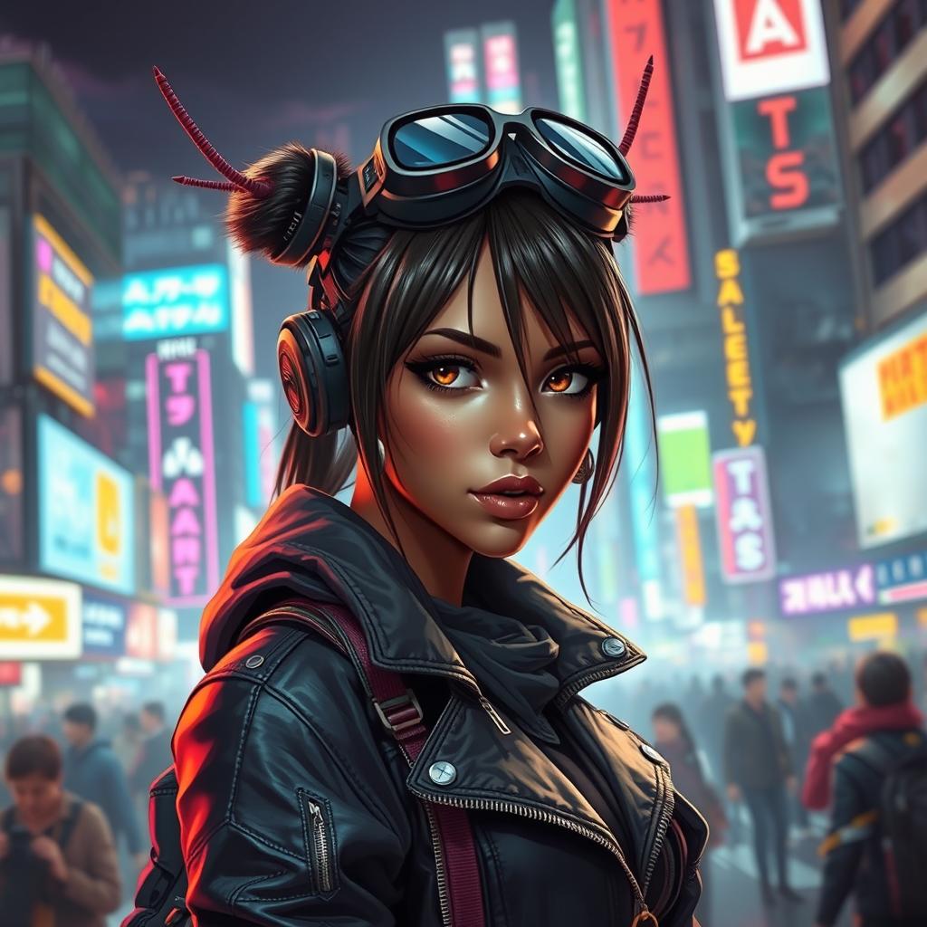 A female character in a cyberpunk setting, showcasing Balosar antennae and beautiful brown skin