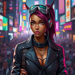 A female character in a cyberpunk setting, showcasing Balosar antennae and beautiful brown skin