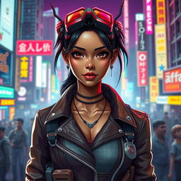 A female character in a cyberpunk setting, showcasing Balosar antennae and beautiful brown skin