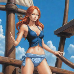 A highly detailed illustration of Nami, a character from the One Piece series, standing determined on the deck of a pirate ship under a blue sky