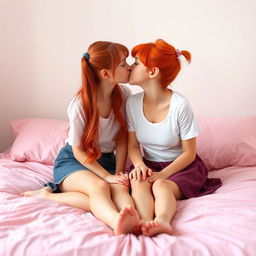 A scene featuring two twin sisters with vibrant red hair styled in twintails and pigtails, sitting playfully on a soft pink bed