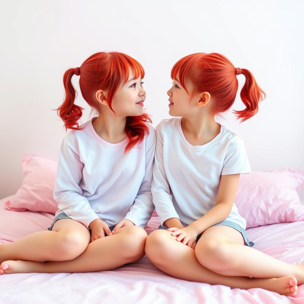 A scene featuring two twin sisters with vibrant red hair styled in twintails and pigtails, sitting playfully on a soft pink bed