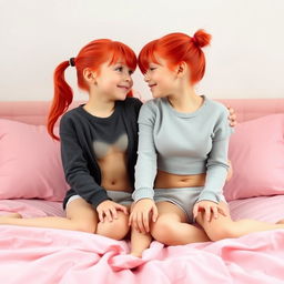 A scene featuring two twin sisters with vibrant red hair styled in twintails and pigtails, sitting playfully on a soft pink bed