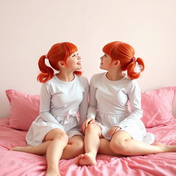 A scene featuring two twin sisters with vibrant red hair styled in twintails and pigtails, sitting playfully on a soft pink bed