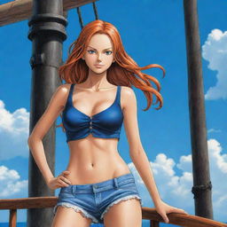 A highly detailed illustration of Nami, a character from the One Piece series, standing determined on the deck of a pirate ship under a blue sky