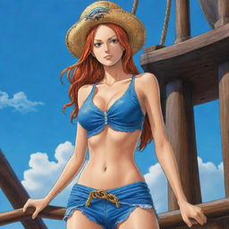 A highly detailed illustration of Nami, a character from the One Piece series, standing determined on the deck of a pirate ship under a blue sky