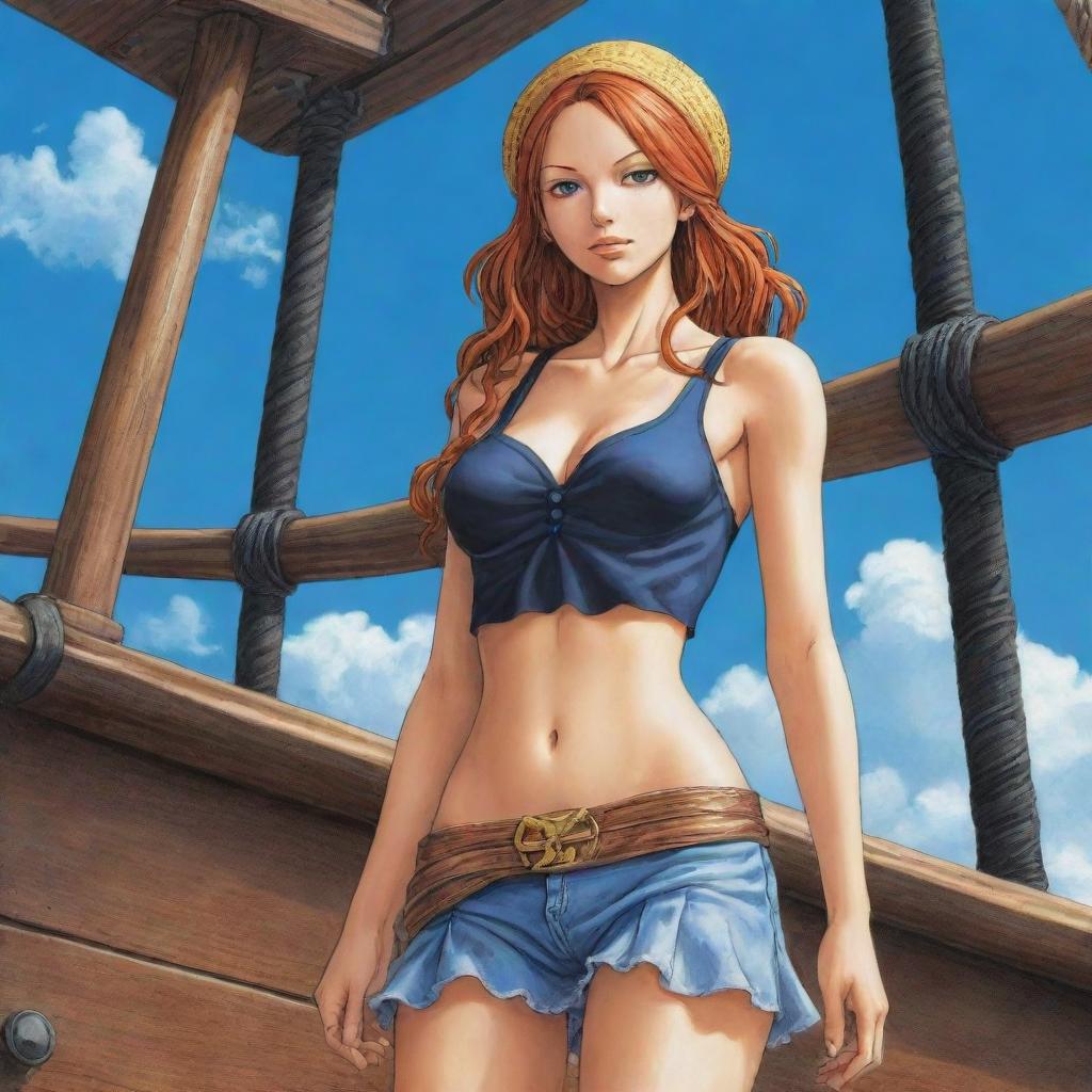 A highly detailed illustration of Nami, a character from the One Piece series, standing determined on the deck of a pirate ship under a blue sky