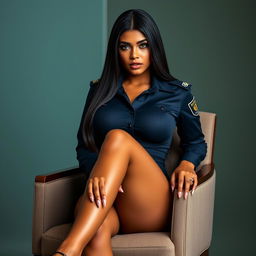 An alluring 18-year-old Brazilian female police officer, elegantly seated on a chair, wearing a tight-fitting police uniform that accentuates her beautiful curves, big bubble butt, and giant firm breasts