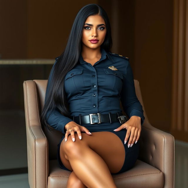 An alluring 18-year-old Brazilian female police officer, elegantly seated on a chair, wearing a tight-fitting police uniform that accentuates her beautiful curves, big bubble butt, and giant firm breasts