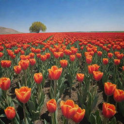 A picturesque landscape showing the natural beauty of Tulipa, Uzbekistan featuring wild tulips in full bloom under a clear blue sky.