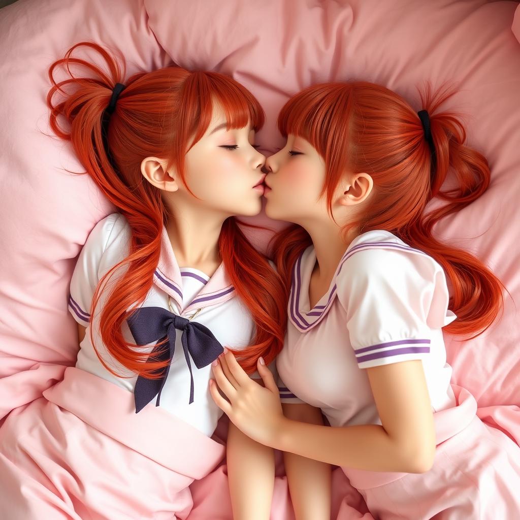 A charming scene featuring two twin sisters with striking red hair styled in twintails and pigtails, cozily laid next to each other on a soft pink bed