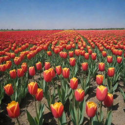 A picturesque landscape showing the natural beauty of Tulipa, Uzbekistan featuring wild tulips in full bloom under a clear blue sky.