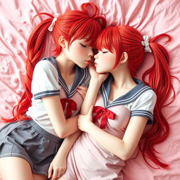 A charming scene featuring two twin sisters with striking red hair styled in twintails and pigtails, cozily laid next to each other on a soft pink bed