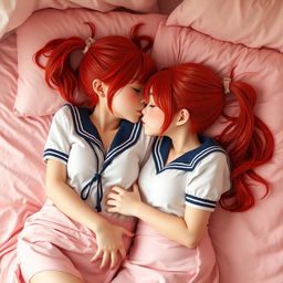 A charming scene featuring two twin sisters with striking red hair styled in twintails and pigtails, cozily laid next to each other on a soft pink bed