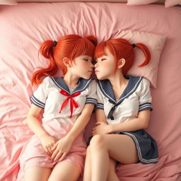 A charming scene featuring two twin sisters with striking red hair styled in twintails and pigtails, cozily laid next to each other on a soft pink bed