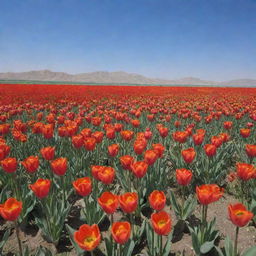 A picturesque landscape showing the natural beauty of Tulipa, Uzbekistan featuring wild tulips in full bloom under a clear blue sky.