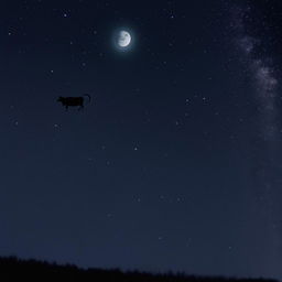 A lively cow soaring over a bright, full moon against a starlit pitch-black sky.