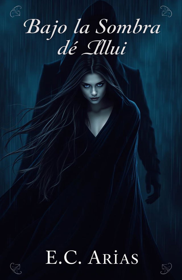 A captivating book cover for the romantic horror story "Bajo la Sombra de la Lluvia" by author "E