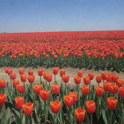 A picturesque landscape showing the natural beauty of Tulipa, Uzbekistan featuring wild tulips in full bloom under a clear blue sky.