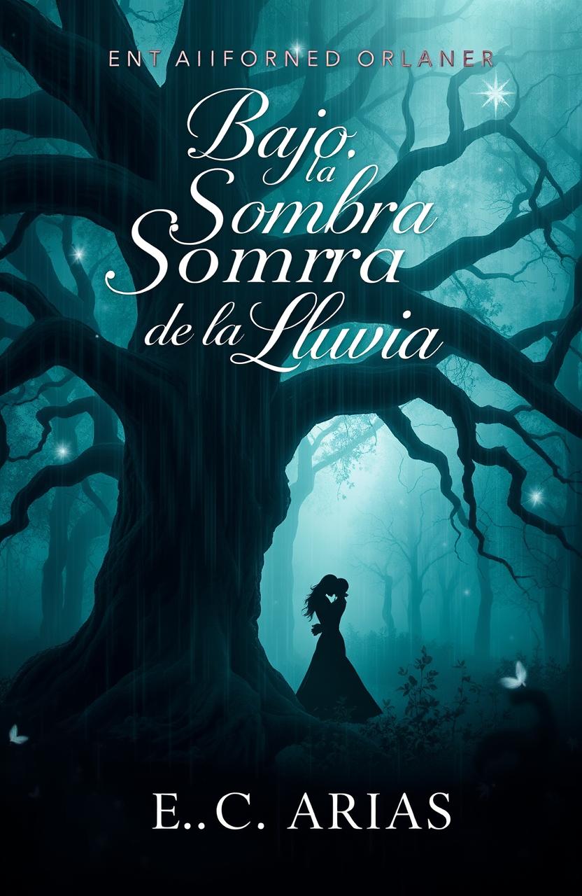 An enchanting and haunting book cover design for 'Bajo la Sombra de la Lluvia', a romantic horror story by author E