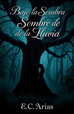 An enchanting and haunting book cover design for 'Bajo la Sombra de la Lluvia', a romantic horror story by author E