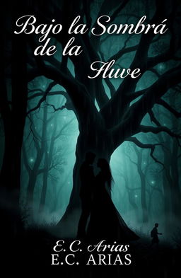 An enchanting and haunting book cover design for 'Bajo la Sombra de la Lluvia', a romantic horror story by author E