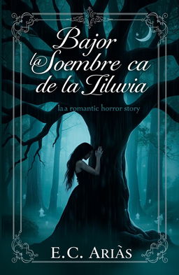 An enchanting and haunting book cover design for 'Bajo la Sombra de la Lluvia', a romantic horror story by author E