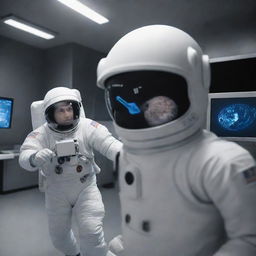 A scene from Among Us game interpreted in a realistic anime style where an astronaut character has been caught in action by a surveillance camera.