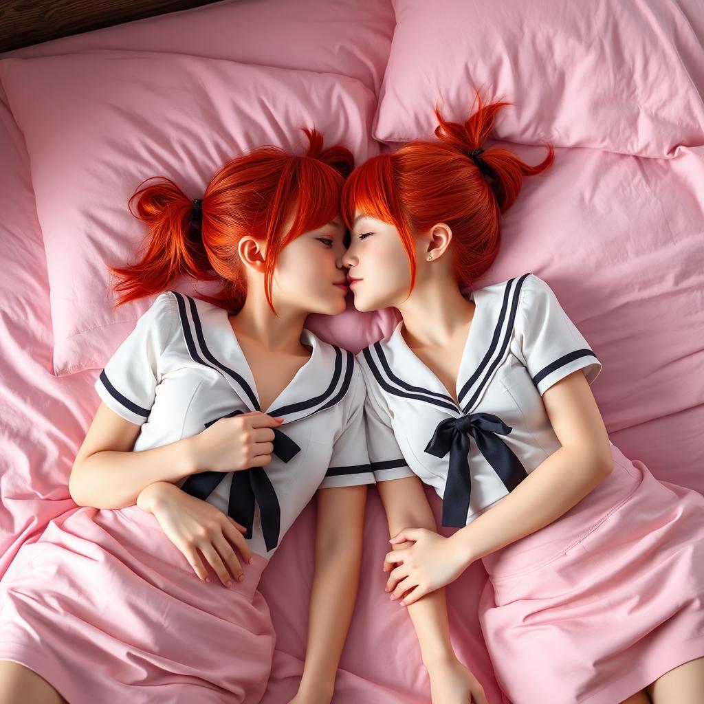 A realistic photo of 19-year-old twin sisters with bright red hair styled in twintails and pigtails