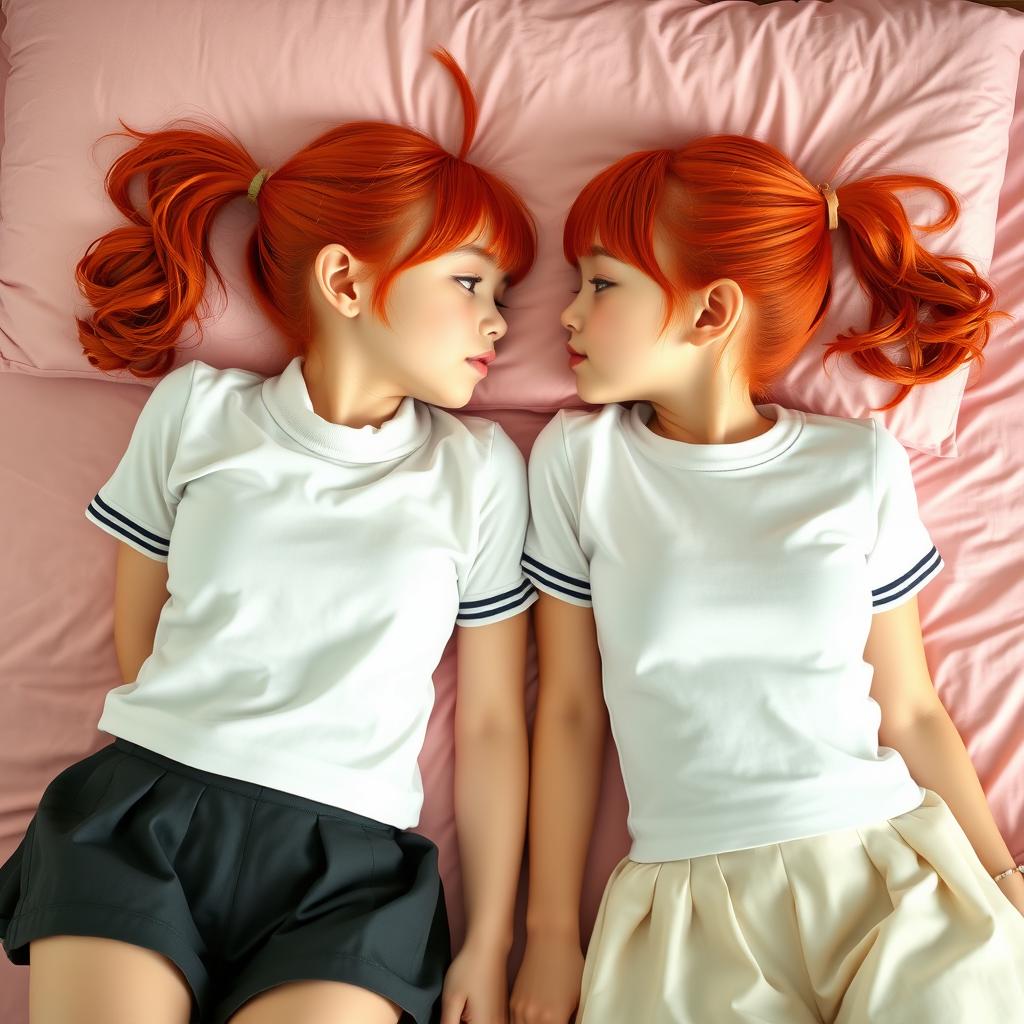 A realistic photo of 19-year-old twin sisters with bright red hair styled in twintails and pigtails