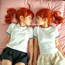 A realistic photo of 19-year-old twin sisters with bright red hair styled in twintails and pigtails