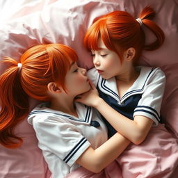 A realistic photo of 19-year-old twin sisters with bright red hair styled in twintails and pigtails