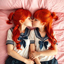 A realistic photo of 19-year-old twin sisters with bright red hair styled in twintails and pigtails