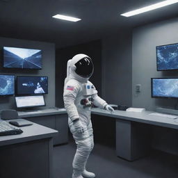 A scene from Among Us game interpreted in a realistic anime style where an astronaut character has been caught in action by a surveillance camera.