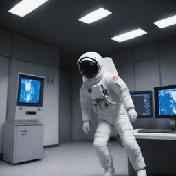 A scene from Among Us game interpreted in a realistic anime style where an astronaut character has been caught in action by a surveillance camera.