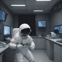 A scene from Among Us game interpreted in a realistic anime style where an astronaut character has been caught in action by a surveillance camera.